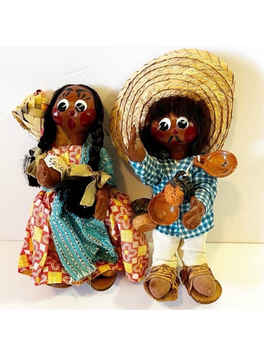 Mexican Folk Art Doll Set – Handcrafted Gourd Papier-Mâché Oil Cloth Man & Woman